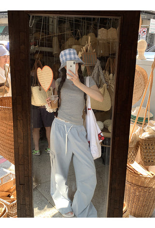 blue wide-leg pants