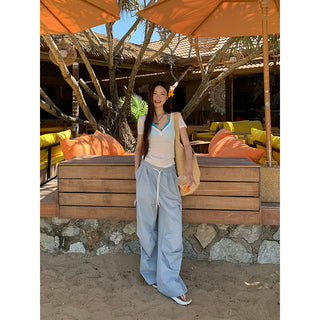 blue wide-leg pants