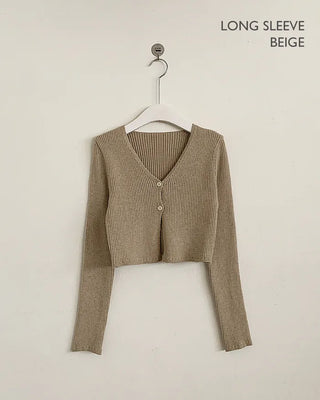 (Short-sleeved/Long-sleeved) Pastel Cropped V-neck Slim Button Ribbed Cardigan