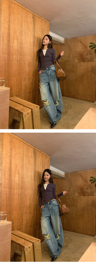 Belt-stitch ripped jeans
