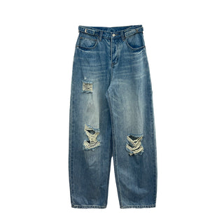Belt-stitch ripped jeans