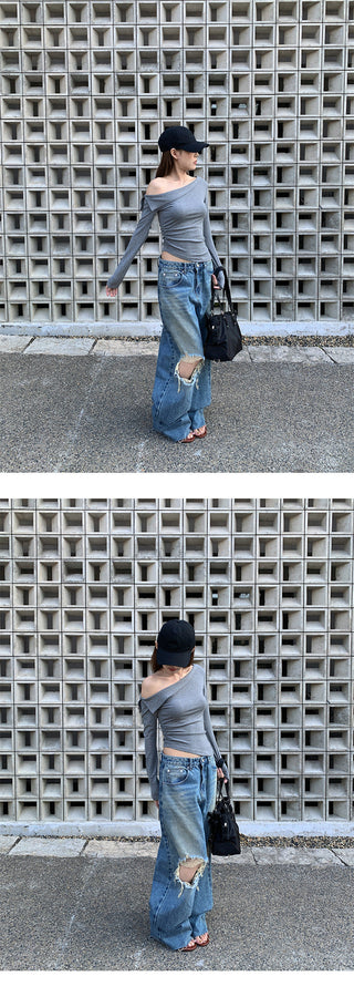 Double ripped wide-leg jeans