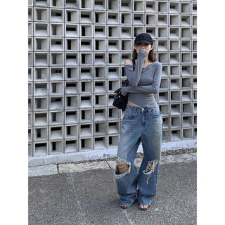 Double ripped wide-leg jeans