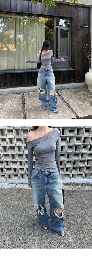 Double ripped wide-leg jeans