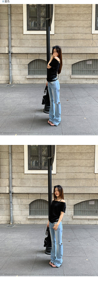 Slim holey straight jeans
