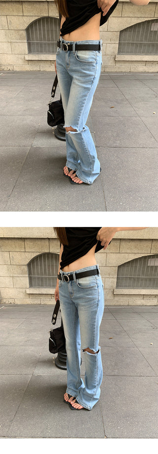Slim holey straight jeans