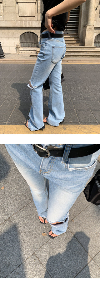 Slim holey straight jeans