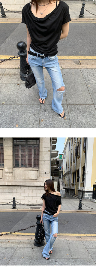 Slim holey straight jeans