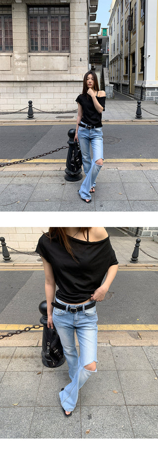 Slim holey straight jeans