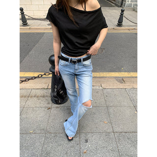 Slim holey straight jeans