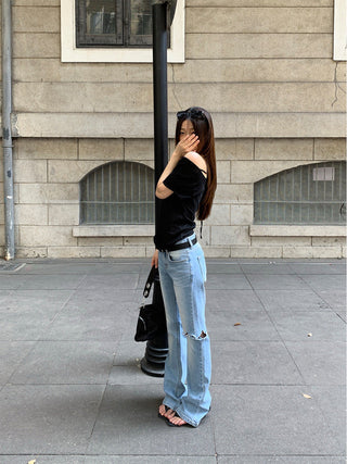 Slim holey straight jeans