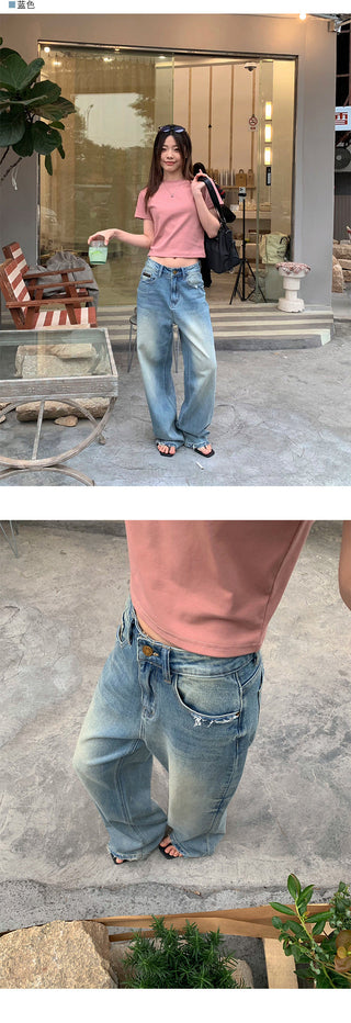 Pocket ripped wide-leg jeans