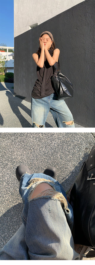 Retro tattered straight jeans