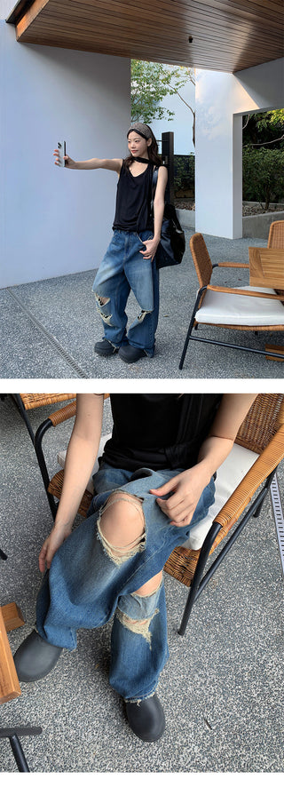 Retro tattered straight jeans