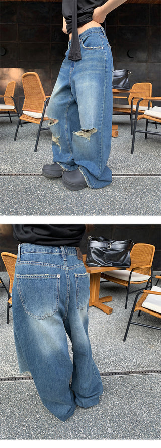 Retro tattered straight jeans