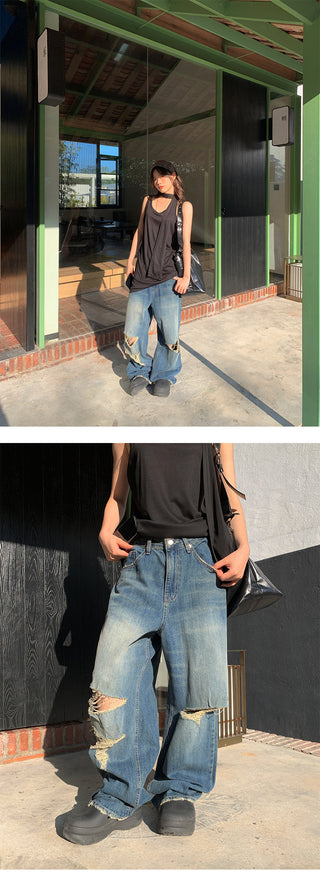 Retro tattered straight jeans