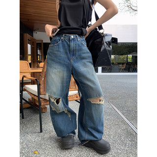 Retro tattered straight jeans