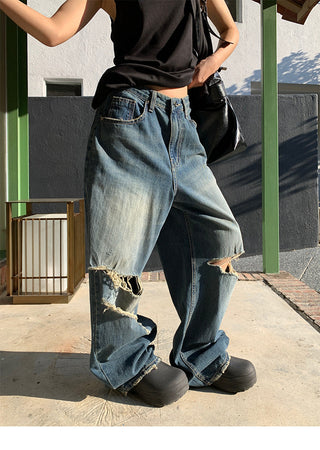 Retro tattered straight jeans