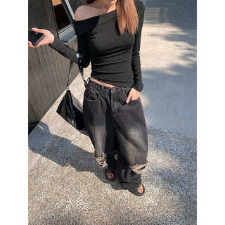 Street ripped wide-leg jeans