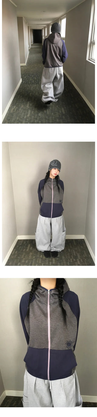 (4 colors) Striped zip-up hoodie