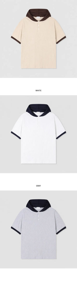 [4 colors] Waffle Henley Neck Short-Sleeve Hoodie