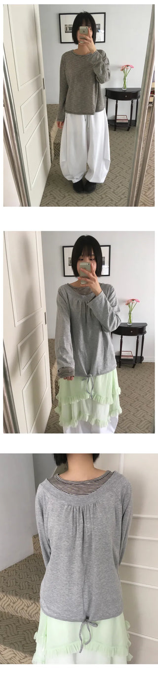 (4 colors) Cropped striped T-shirt
