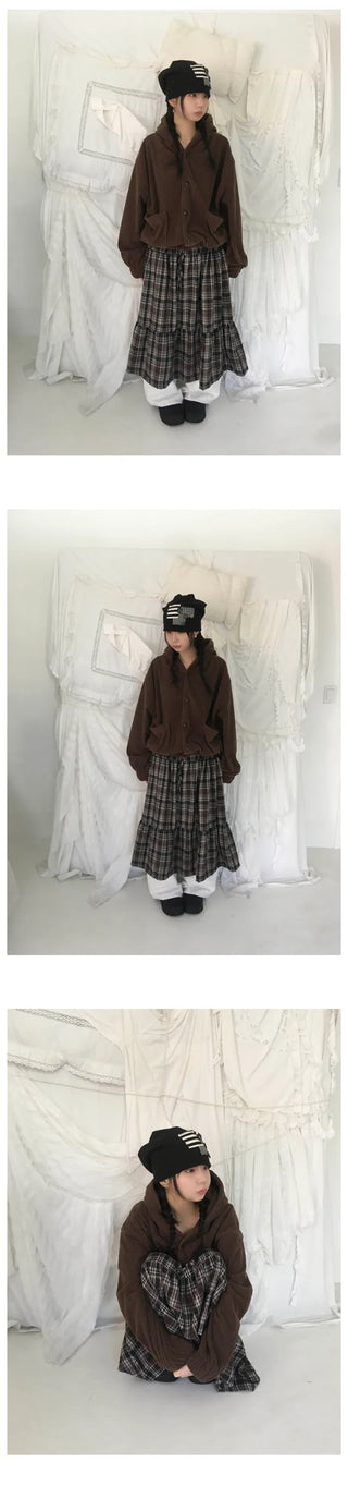 (2 colors) Fleece-lined check skirt