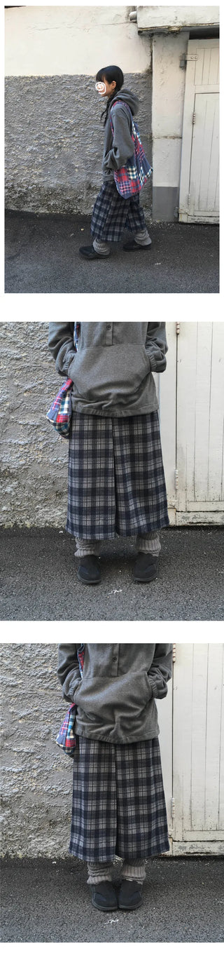 (2 colors) Fleece-lined check pattern mid-length pants
