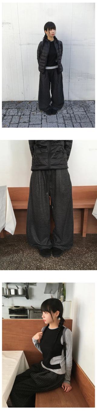 (2 colors) Striped Wide Fleece Pants