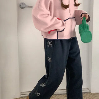 [Fleece-lined] Ribbon lettering elastic waist pants