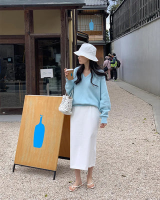 (6 colors) High-quality cotton V-neck knit