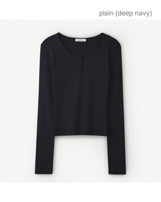 [2 types] Plain & Striped Button Long-Sleeve T-Shirt