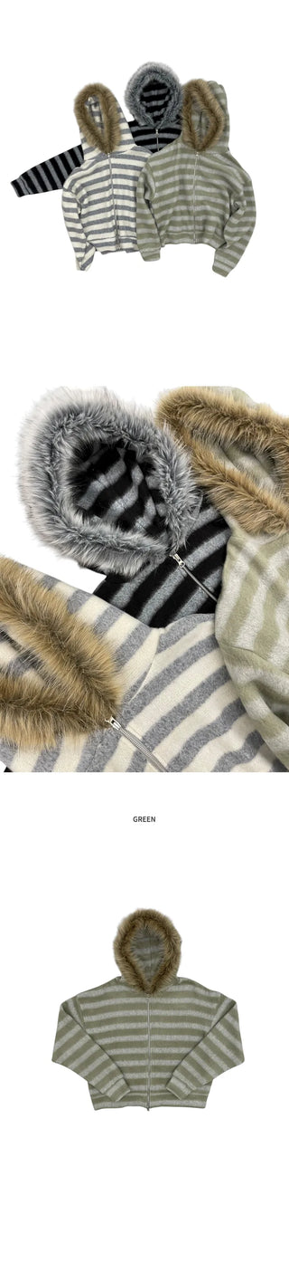 (3 colors) Striped Fur Hoodie