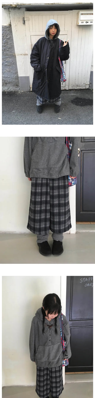 (2 colors) Fleece-lined check pattern mid-length pants