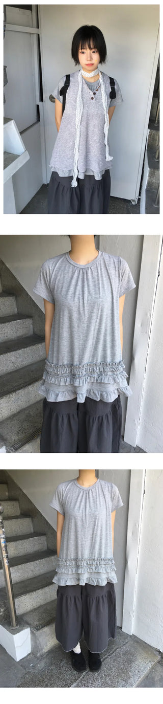 [2 colors] Petal Frill Dot Short-Sleeve Shirt