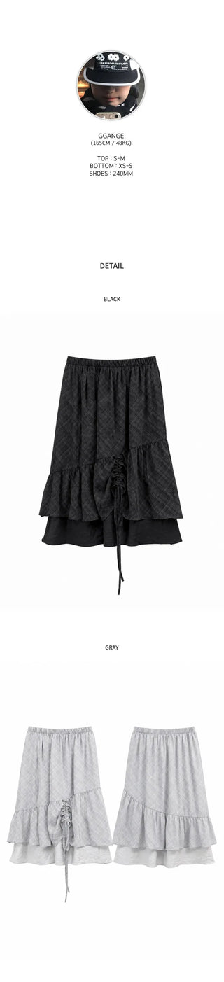 [2 colors] Shirred check skirt