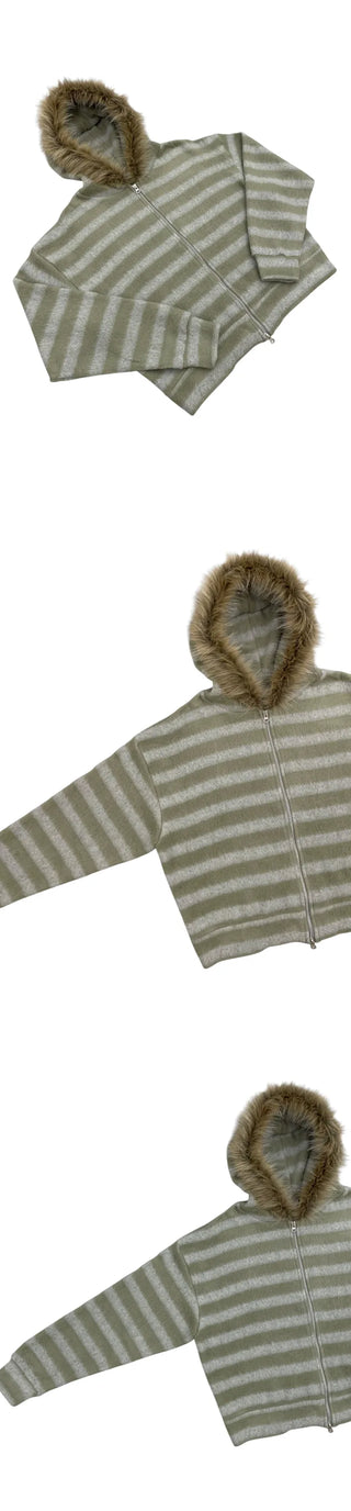 (3 colors) Striped Fur Hoodie