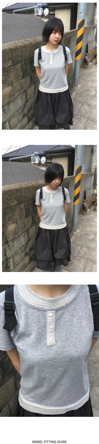 (2 colors) Striped Layered Short-Sleeve T-Shirt