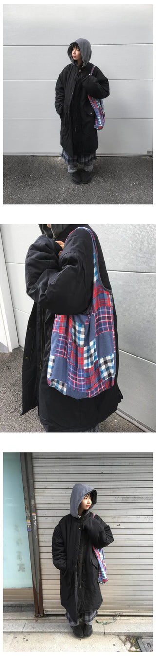 (2 colors) Fleece-lined check pattern mid-length pants