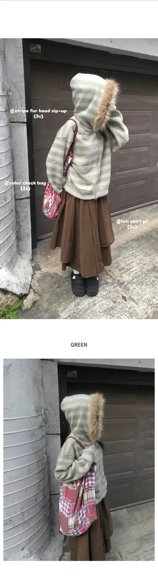 (3 colors) Striped Fur Hoodie