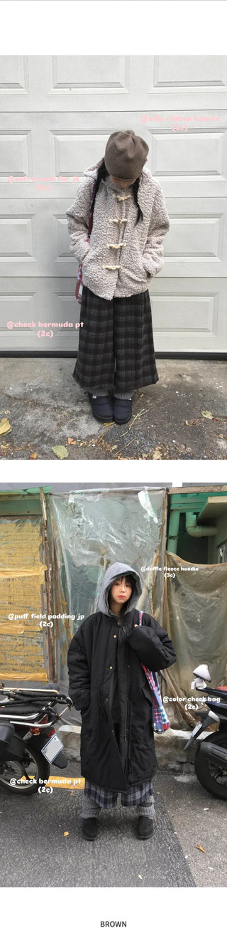 (2 colors) Fleece-lined check pattern mid-length pants