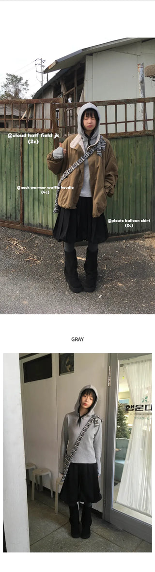 (4 colors) Waffle knit hooded jacket with neck warmer