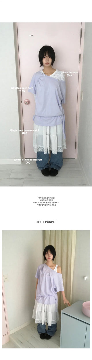 (2 colors) Button-off shoulder T-shirt