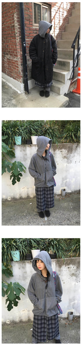 (2 colors) Fleece-lined check pattern mid-length pants