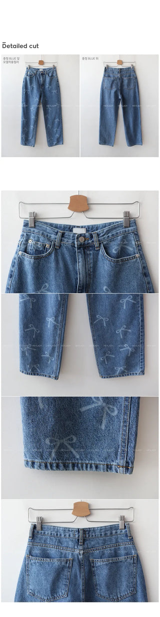 Ribbon pattern wide denim pants