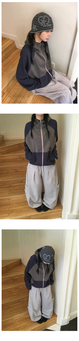 (4 colors) Striped zip-up hoodie