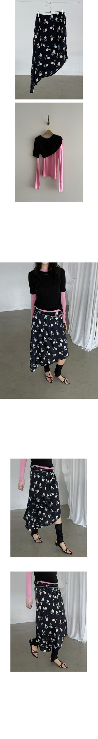 (2 colors) Floral print asymmetrical skirt