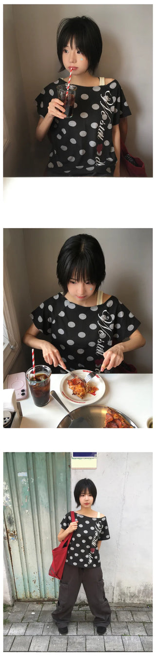 (4 colors) Polka Dot Off-Shoulder T-Shirt