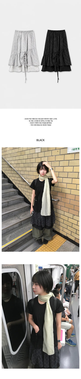 [2 colors] Shirred check skirt