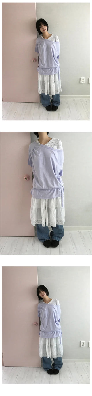 (2 colors) Button-off shoulder T-shirt